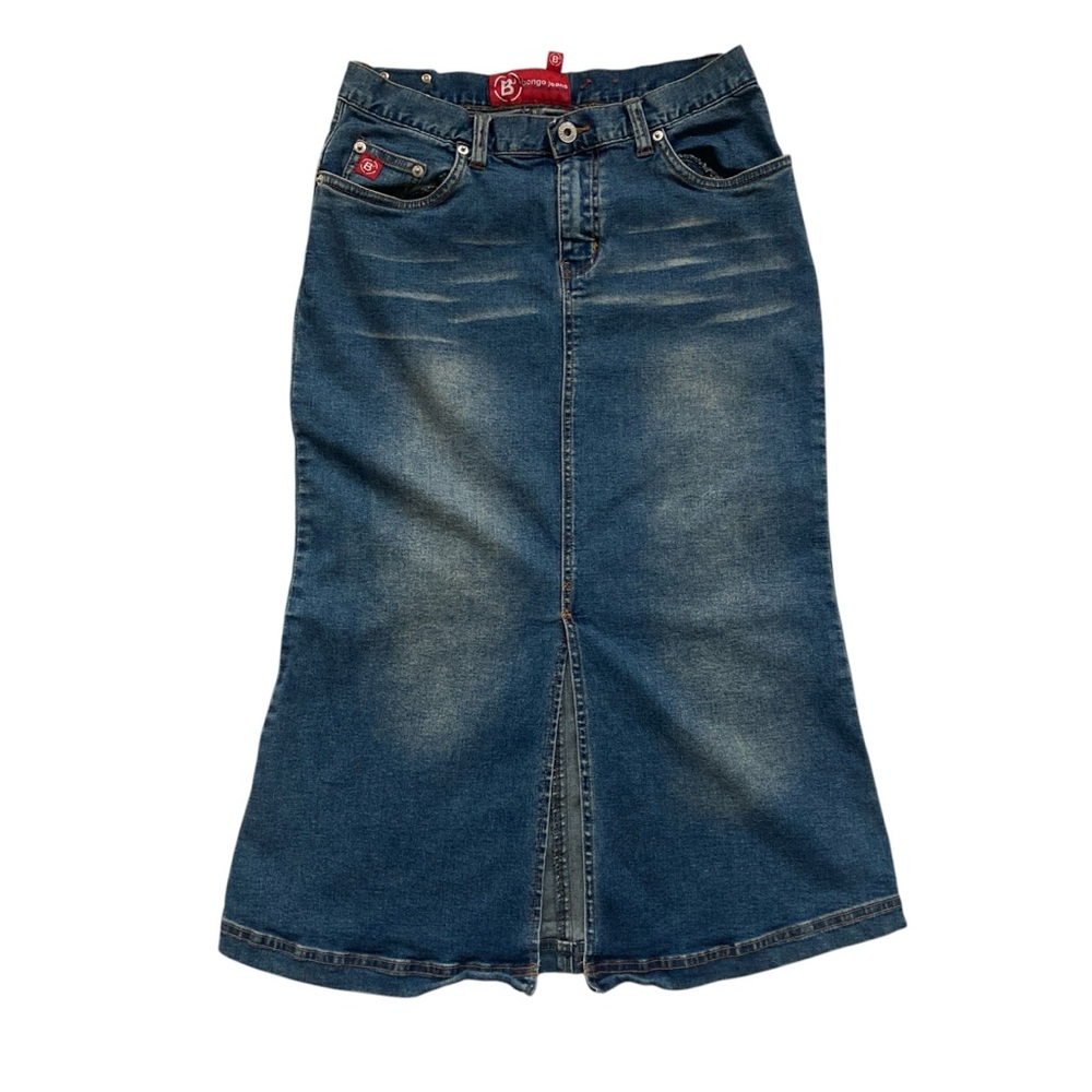 Early 2000s Grunge Washed Denim Midi Skirt 💿